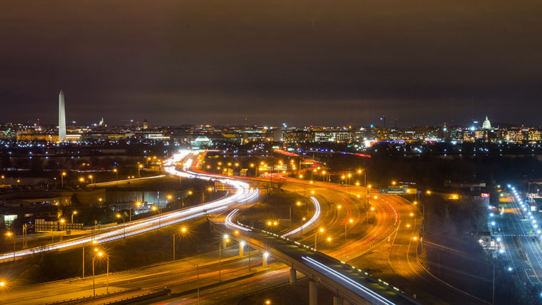 A nighttime view of Washington D.C.