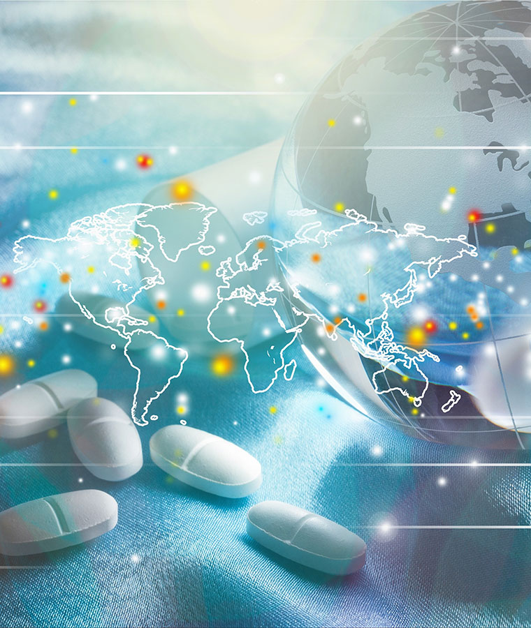 graphic of pills and globe