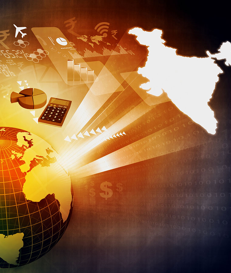 graphic of globe, India highlight, and economic symbols