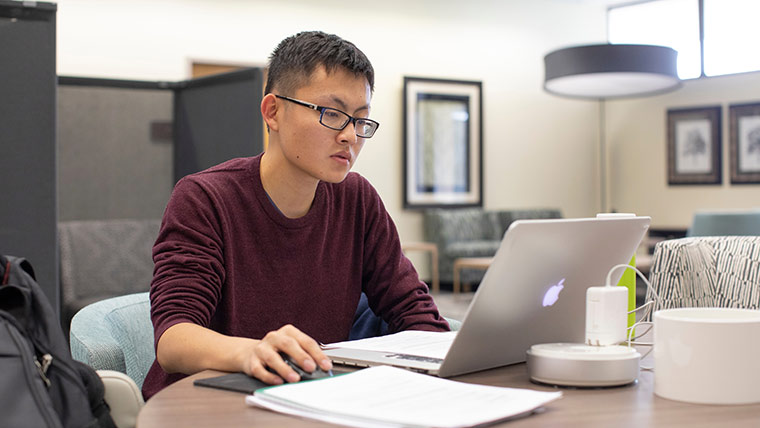 Student using laptop in library. 